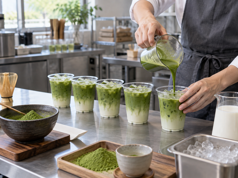 matcha wholesale for hotels: adult hands preparing an iced drink at a hospitality training station