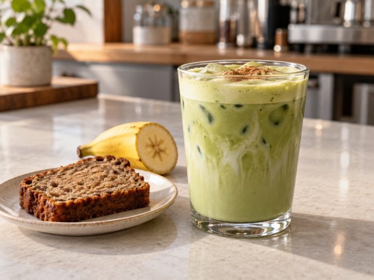 Banana bread matcha latte beside a small slice of banana bread on a café counter