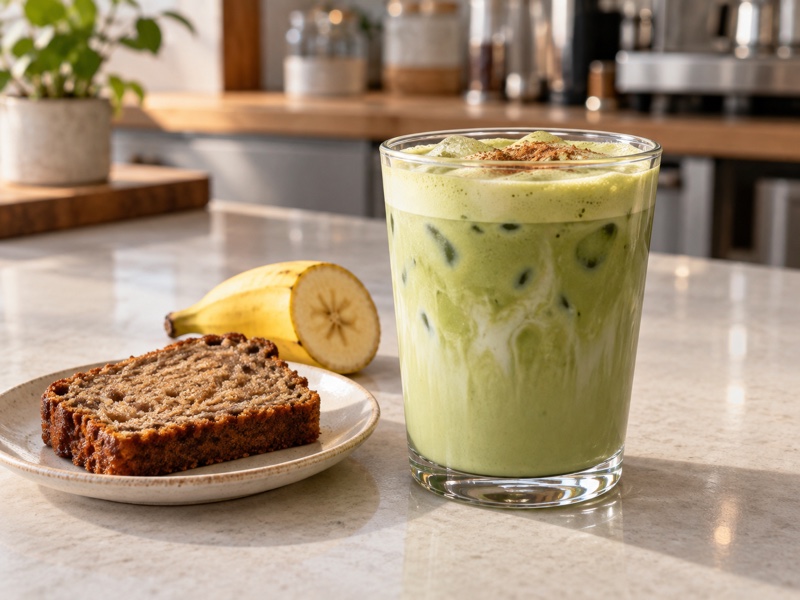 Banana bread matcha latte beside a small slice of banana bread on a café counter
