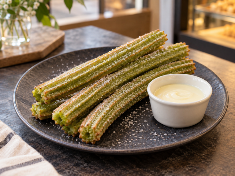 Fresh matcha churros presented in a cafe