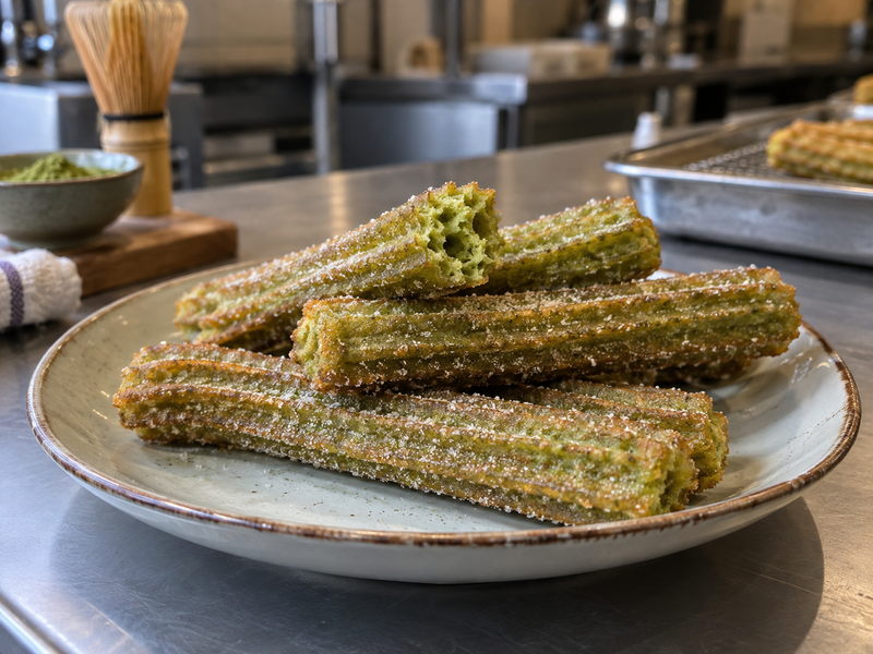 Matcha churros with ridged green interiors and a light sugar coating