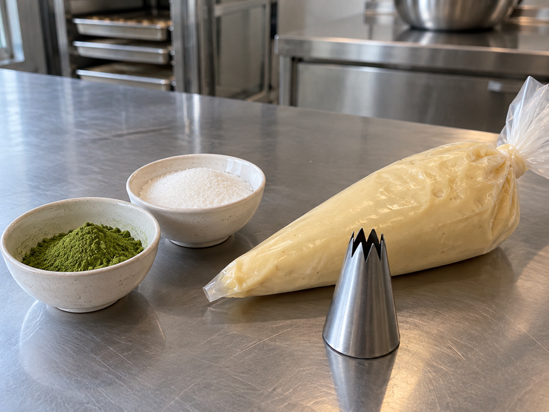 Weighed matcha portions beside plain churro dough and a bowl of sugar