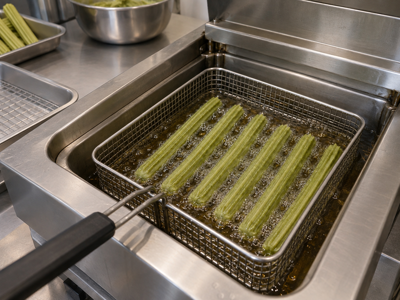Ridged churros frying in a commercial fryer with a basket and safe clear workspace