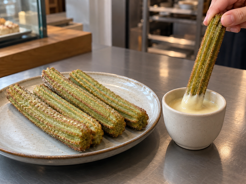 A small sauce cup beside matcha churros while a single piece is dipped
