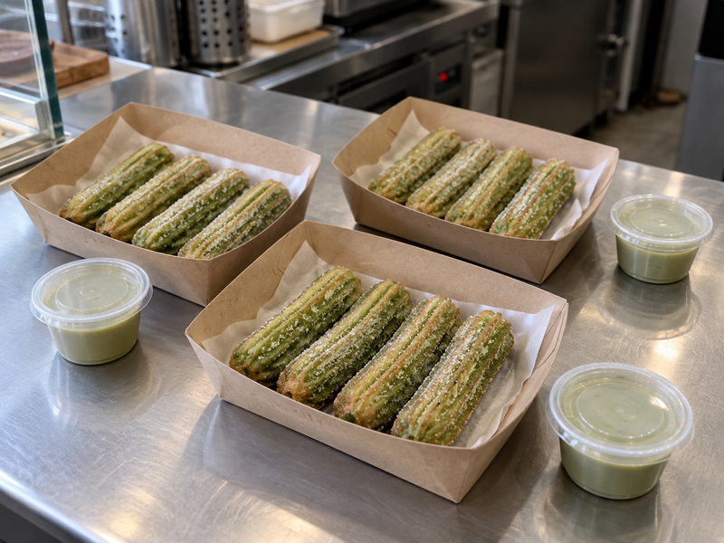 Finished matcha churro portions with weighed dipping cups and plain takeaway trays