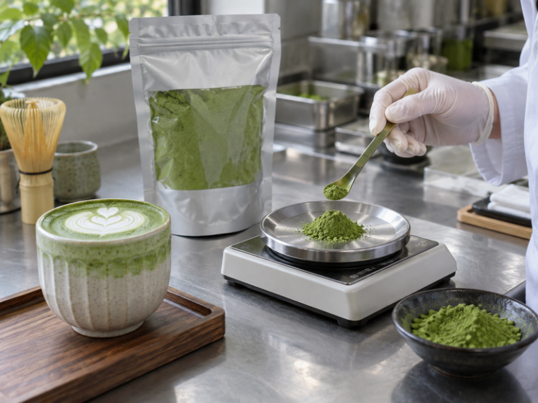 Measured matcha portion beside a finished latte