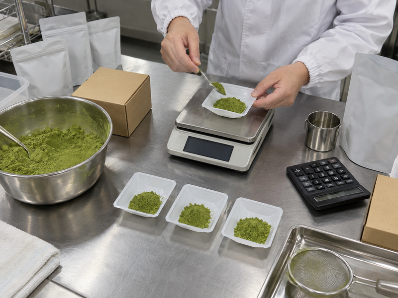 Powder portions weighed for an illustrative serving-cost calculation