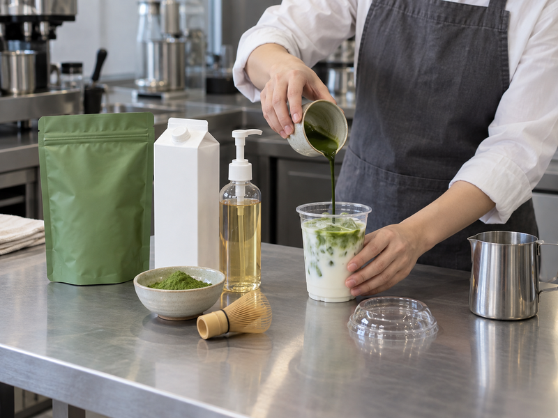Matcha, milk, sweetener and packaging components reviewed for drink costing