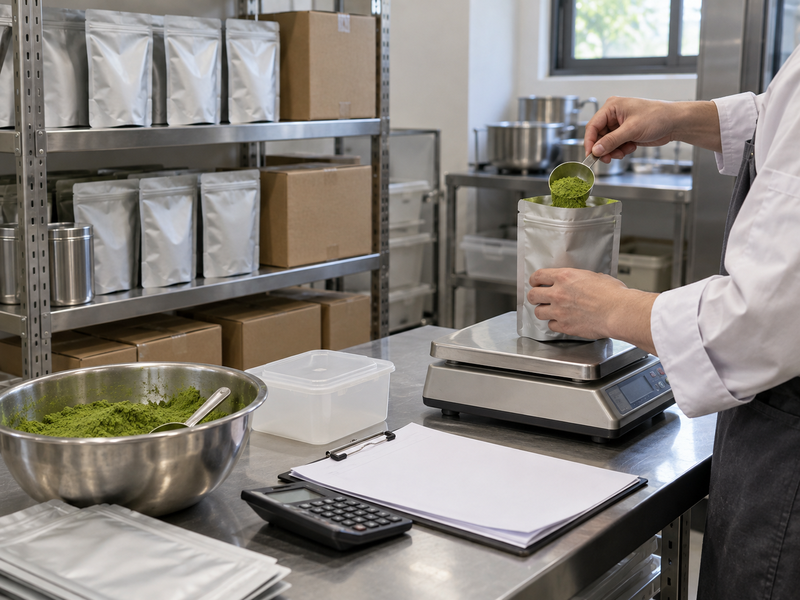 Opened and sealed matcha stock measured for a consumption reconciliation