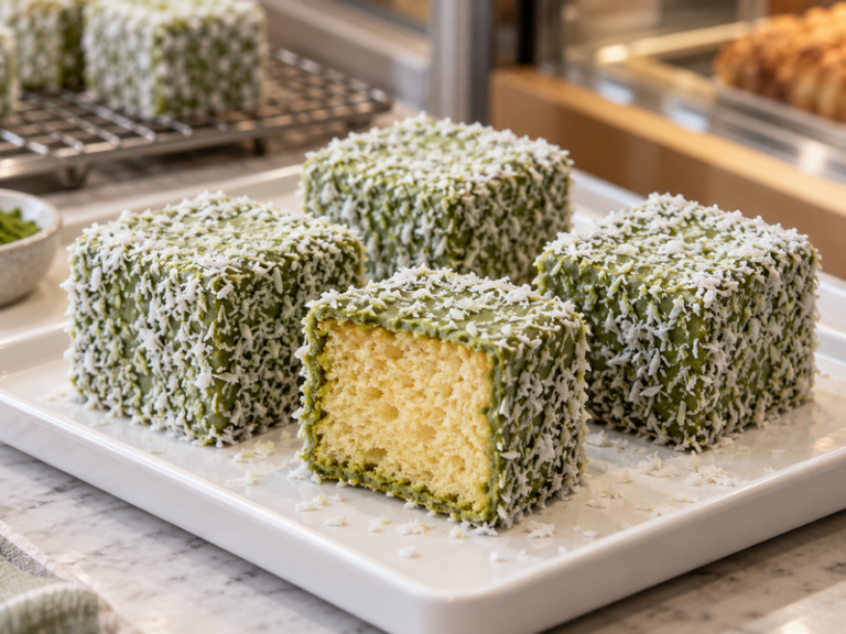Matcha lamingtons with a green coconut coating and pale sponge center