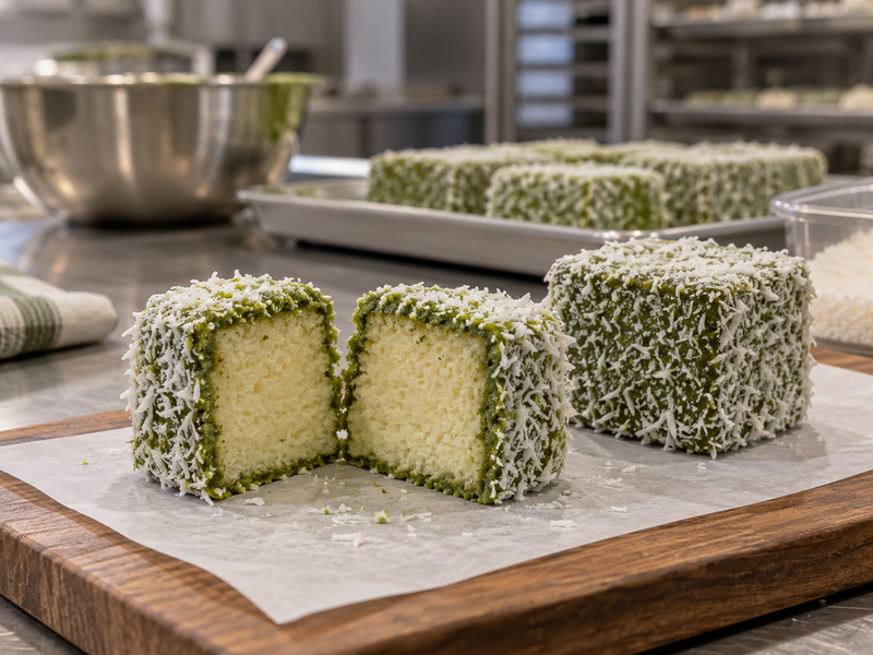 A matcha lamington cut open to show pale sponge under a thin green coconut coating