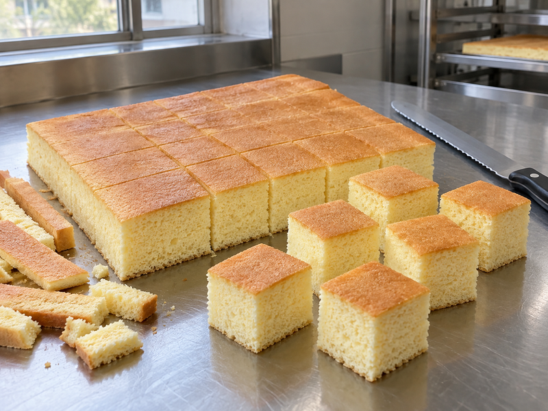 A cooled plain cake slab being cut into even cubes with a serrated knife