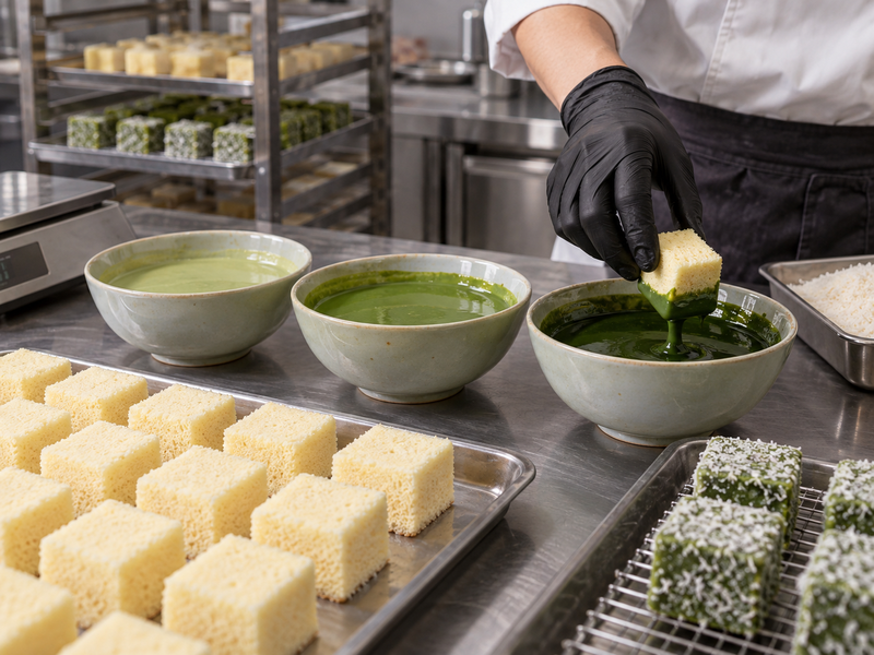 Three small bowls of green glaze beside equal plain cake cubes ready for a dipping trial