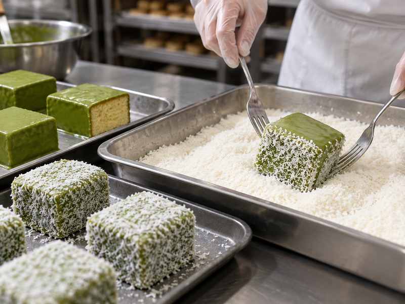 A green glazed cake cube being gently turned in a shallow tray of fine coconut