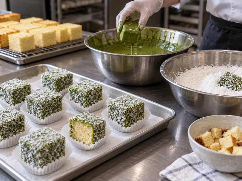 Finished matcha lamingtons in paper cups beside weighed cake trim and coating bowls