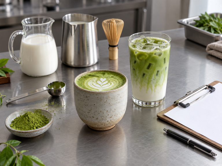 Matcha latte wholesale supplier recipe handoff with hot and iced drinks