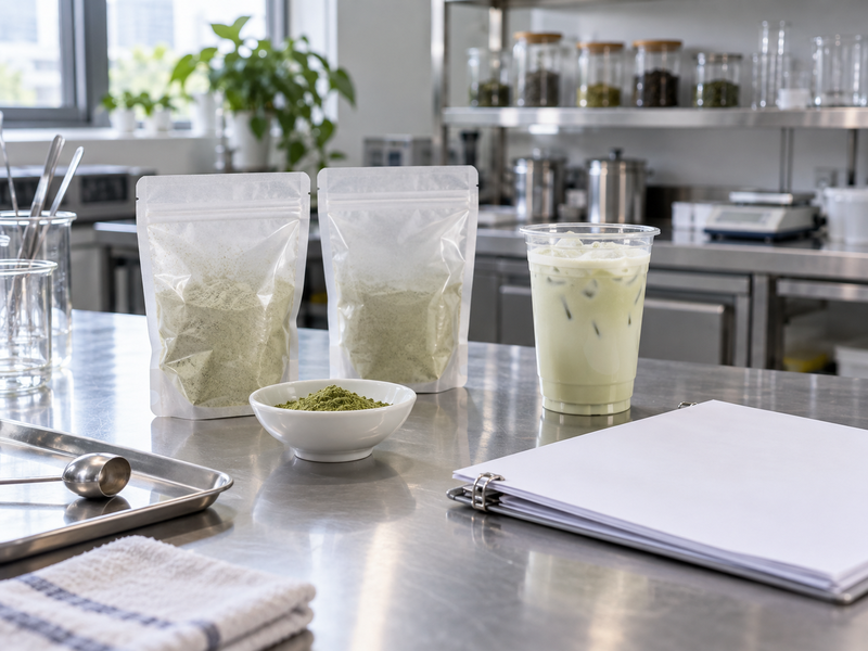 Matcha latte wholesale supplier recipe update represented by distinct powder samples
