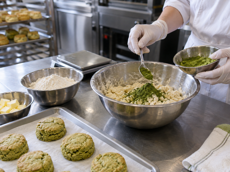Matcha scone dough being measured in a bakery trial