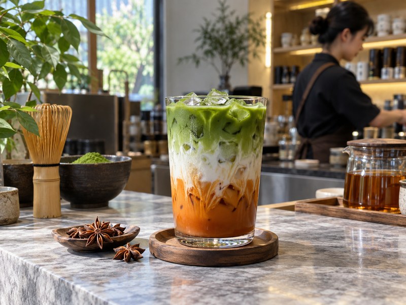 Matcha Thai tea in a clear glass with green and amber tea layers