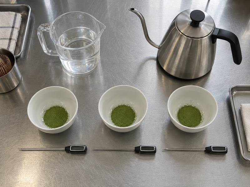 Matcha water temperature trial setup with three powder bowls, thermometers and a kettle