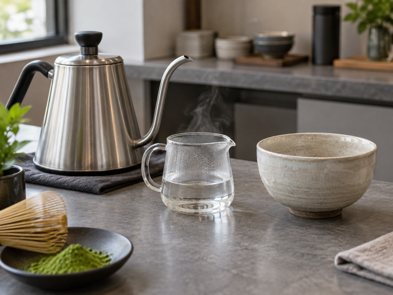 Kettle, transfer pitcher and ceramic bowl for a matcha water temperature check