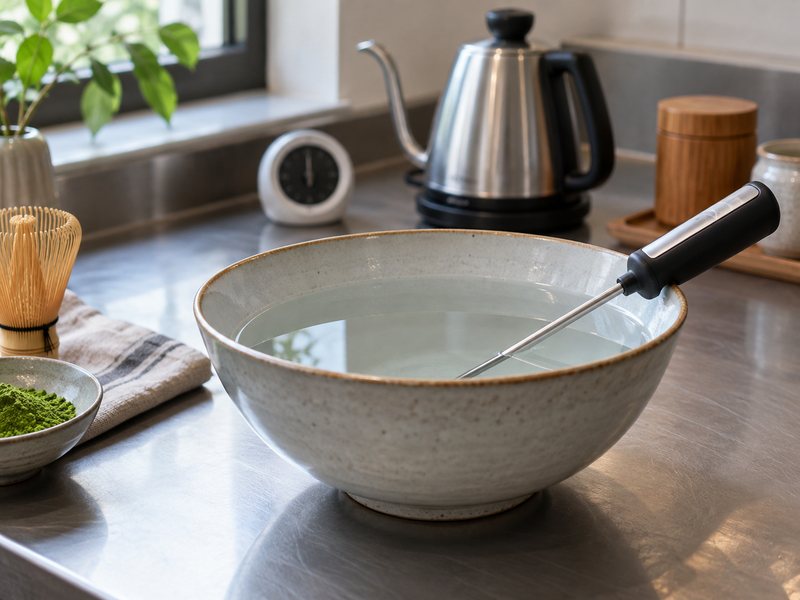 Thermometer probe positioned in bowl water for a consistent reading