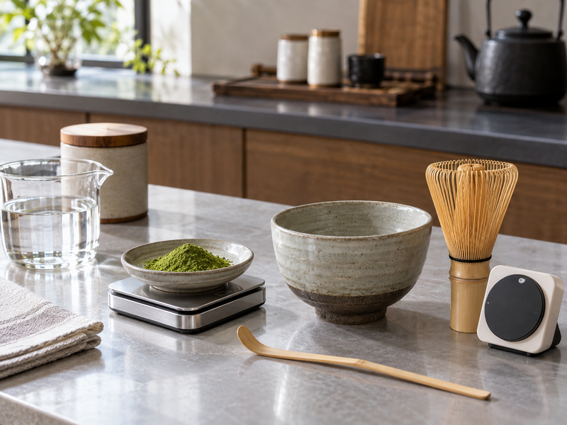 Fixed matcha dose, water measure and whisk for a temperature trial