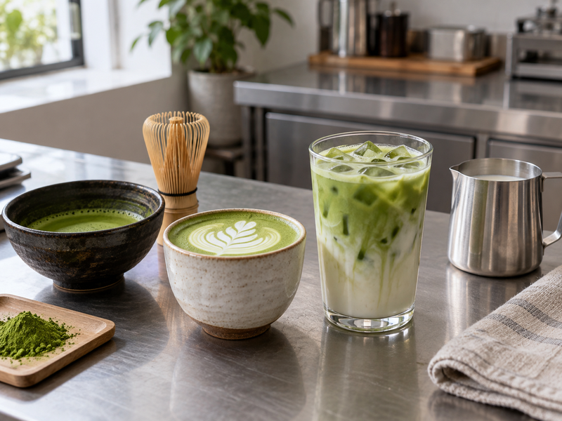Warm and iced matcha lattes prepared to compare finished drink recipes
