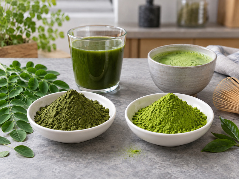 Moringa powder and matcha powder in separate bowls