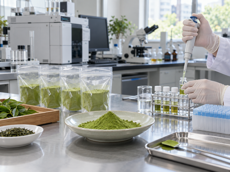 pesticides in matcha: Wide Chinese food quality laboratory bench with sealed matcha samples, green powder bowl and testing equipment in background