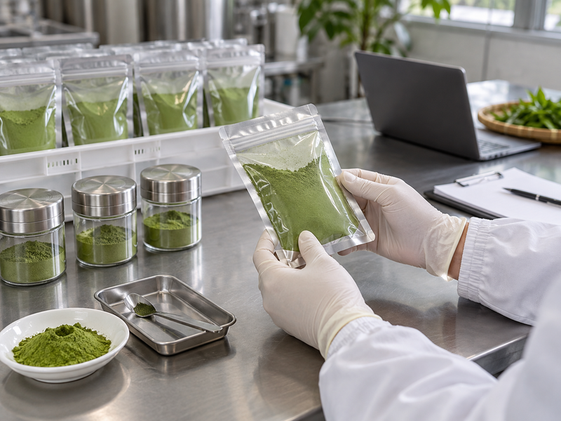 pesticides in matcha: sealed matcha samples and lot retainers on a Chinese quality bench
