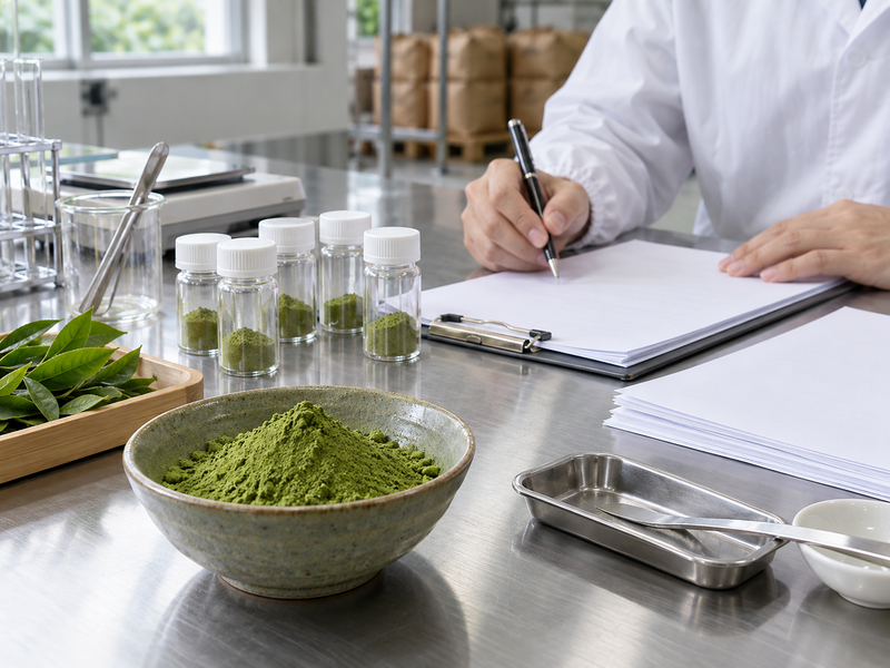 pesticides in matcha: sample vials and plain report pages beside green matcha powder