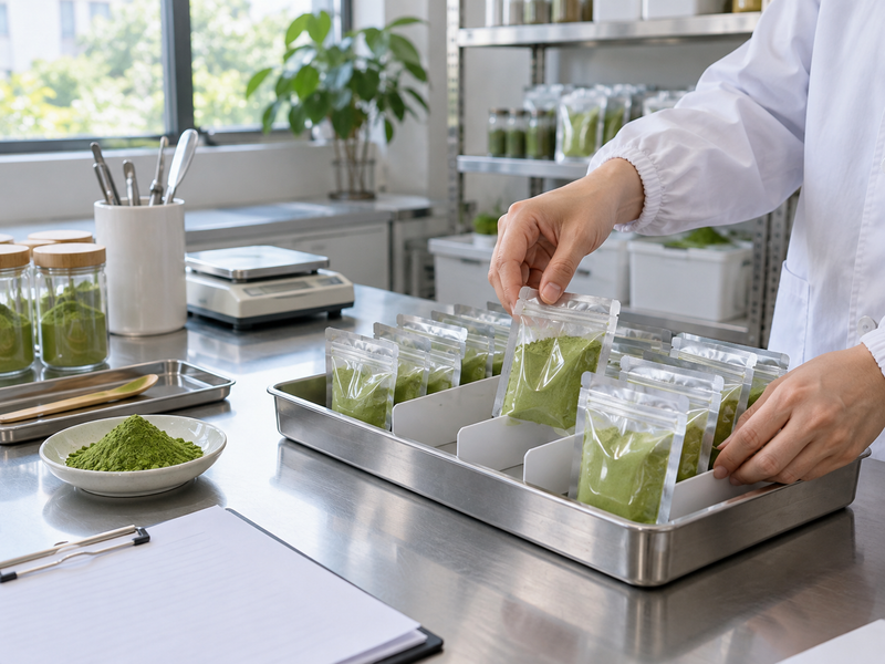 pesticides in matcha: sealed samples organized into a factory inspection tray