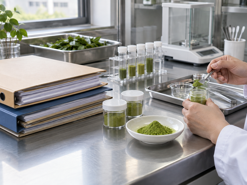 pesticides in matcha: report folders and separate sample containers on a laboratory bench