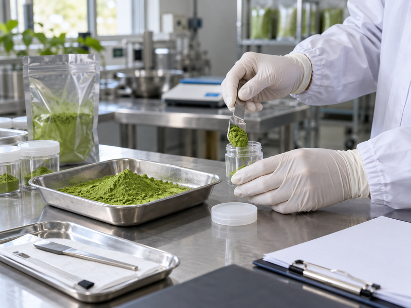 pesticides in matcha: adult gloved hands sealing a sample transfer container