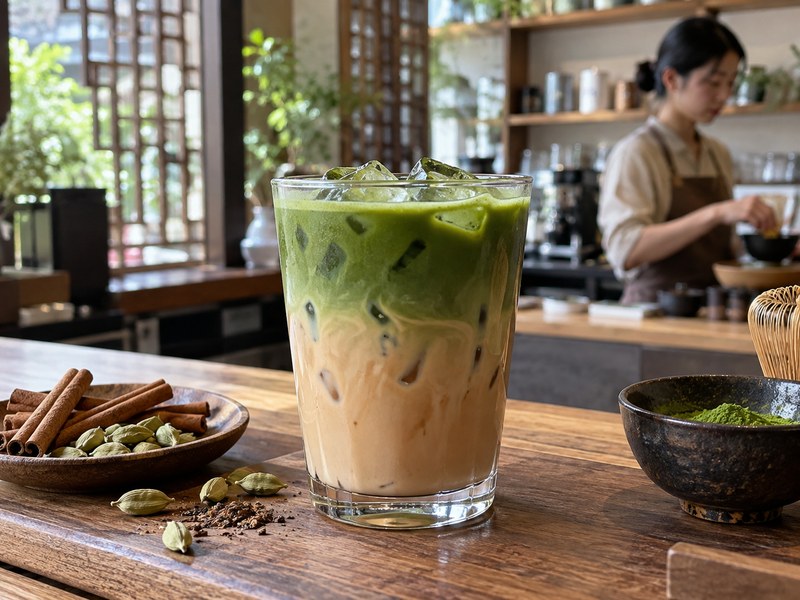 Chai matcha tea with green and spiced milk tea layers in a clear glass