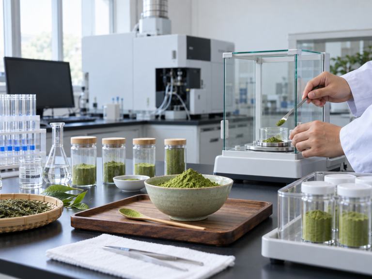 heavy metals in matcha: Wide Chinese food-analysis laboratory with matcha sample containers, a plain green powder bowl and analytical equipment in soft focus