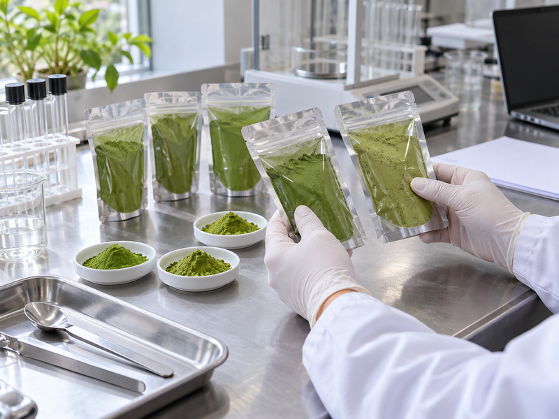 heavy metals in matcha: sealed lot samples reviewed by adult gloved hands in a Chinese laboratory