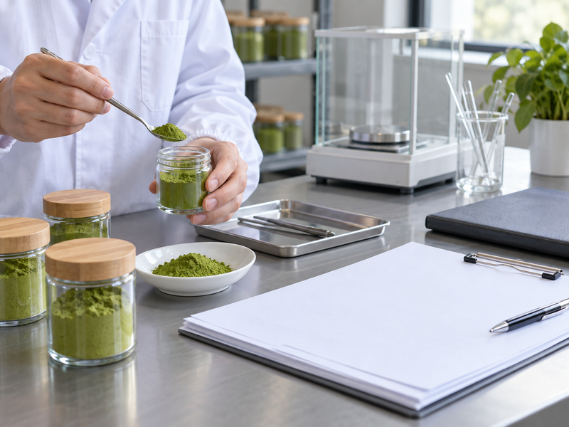 heavy metals in matcha: plain sample containers and analytical report pages at a laboratory bench