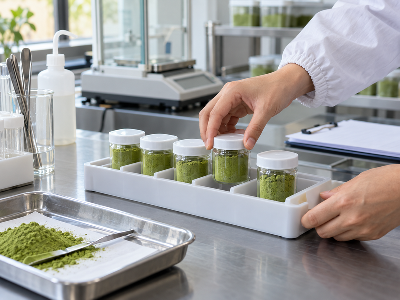 heavy metals in matcha: sealed sample containers arranged in an analytical testing queue