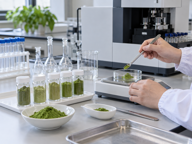 heavy metals in matcha: unmarked vials and analytical instrument accessories on a laboratory bench