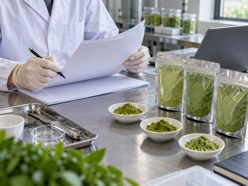 heavy metals in matcha: adult gloved hands reviewing report sheets beside separated sealed pouches