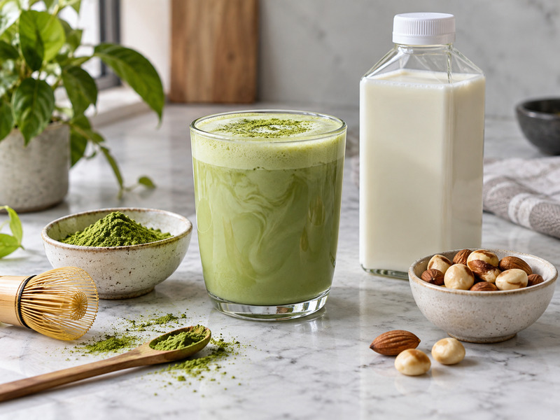 Keto matcha latte with unsweetened milk and nuts