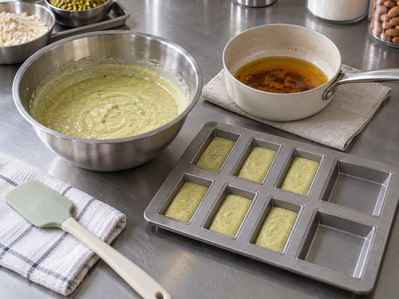 Matcha financier batter in rectangular molds beside a pan of browned butter