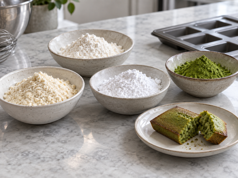 Almond flour, flour, sugar and matcha for financier dry ingredient checks