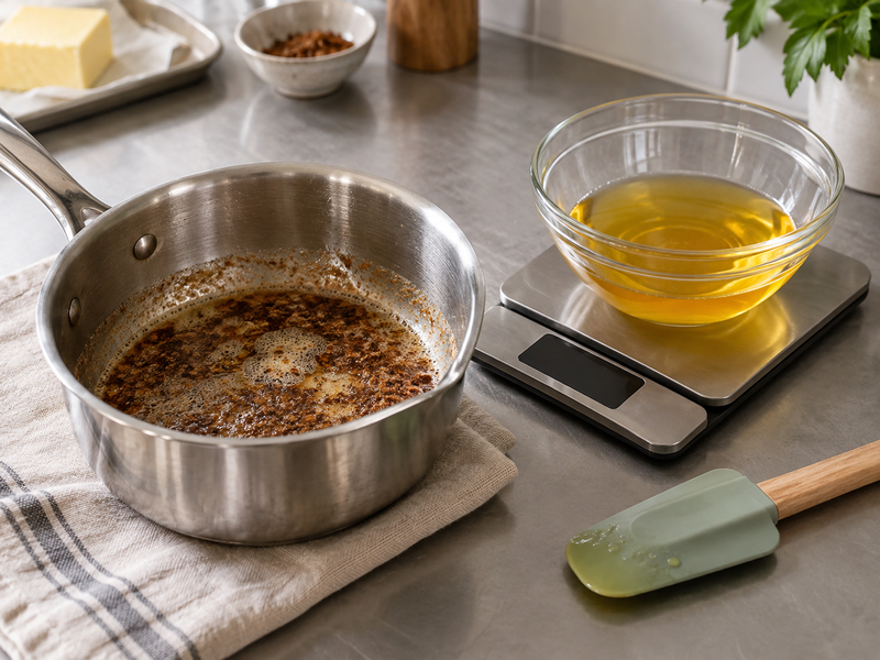 Brown butter in a saucepan and a weighed recovered portion for financiers