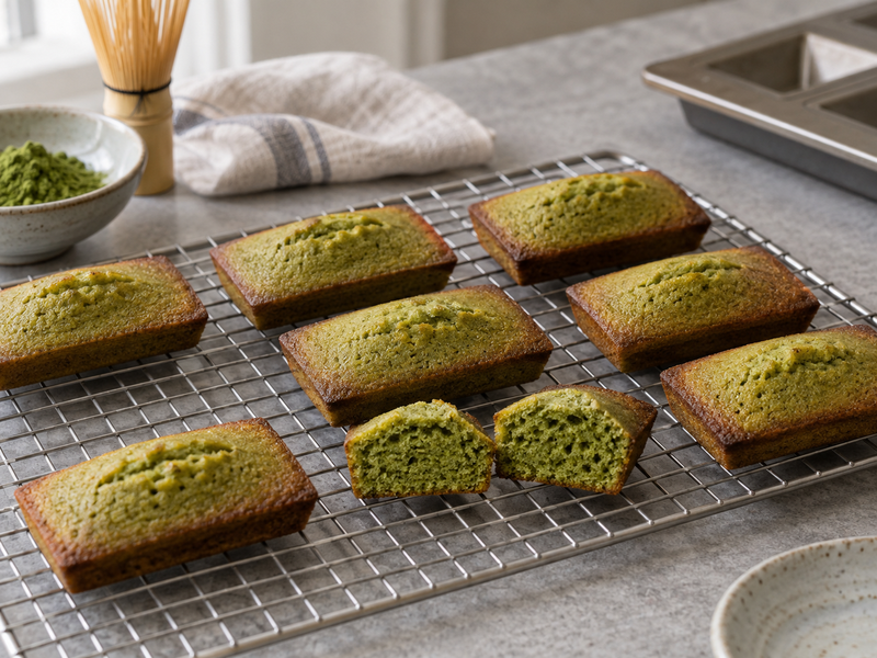 Cut matcha financiers showing baked centers and browned edges