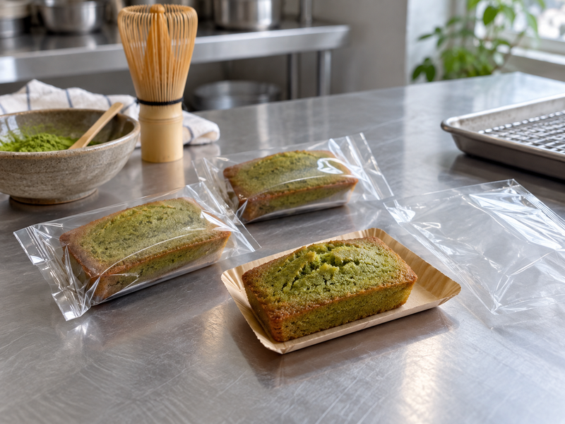 Matcha financiers in individual bakery sleeves for a packing check