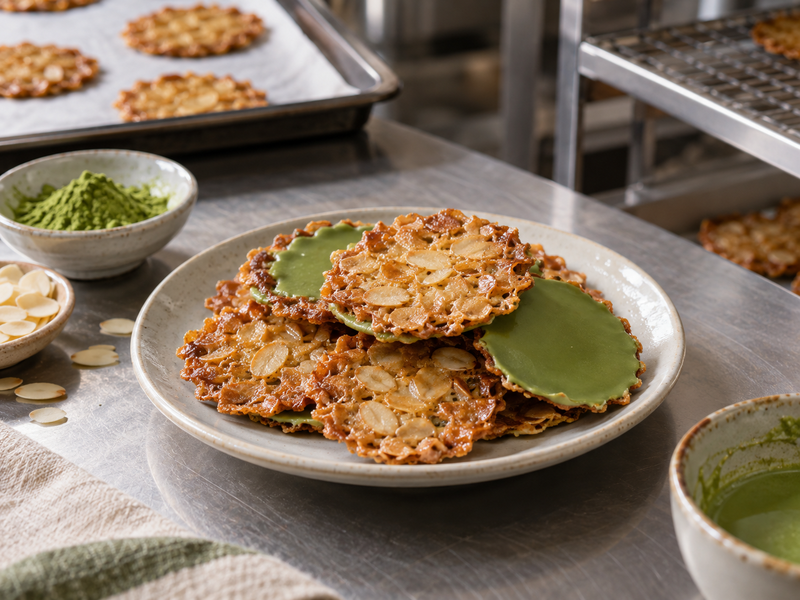 Thin almond florentines with lacy golden edges and green matcha chocolate undersides