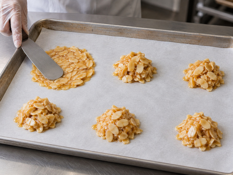Small weighed portions of almond florentine mixture spread evenly on a lined baking tray